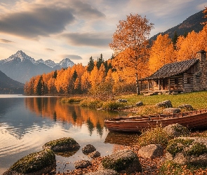 Drzewa, Dom, Jezioro, Góry, Łódka, Jesień, Kamienie