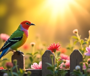 Ptak, Grafika, Kwiaty, Płot, Kolorowy