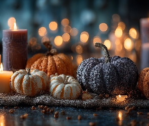 Świece, Grafika AI, Bokeh, Tkanina, Dynie