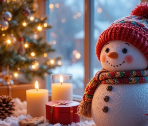 Bałwanek, Świece, Choinka, Okno, Świąteczne