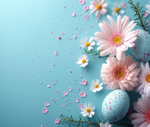 Niebieskie, Kwiaty, Nakrapiane, Różowe, Wielkanoc, Pisanki, Grafika, Gerbery