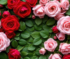 Listki, Zielone, Różowe, Kwiaty, Czerwone, Róże