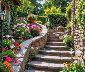 Krzewy, Kwiaty, Schody, Kamienne, Domy, Latarnia