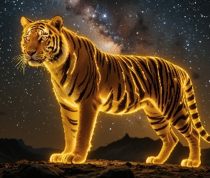 Łapy, Dzikie, Niebo, Kocie, Tygrys, Komputerowa, Sierść, Niebezpieczny, Grafika, Paski, Drapieżnik, Neonowe, Światło, Gwiazdy, Zwierzę