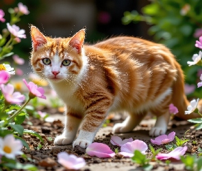 Różowe, Kwiaty, Rudo-biały, Kot