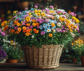Różne, Koszyk, Wiklinowy, Kolorowe, Kwiaty