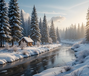 Rzeka, Ośnieżone, Zima, Las, Krzewy, Dom, Promienie słońca, Drzewa