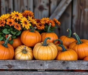 Grafika AI, Skrzynka, Dynie, Kwiaty