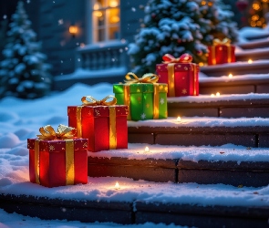 Grafika AI, Światła, Świąteczne, Choinki, Prezenty, Schody