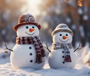 Śnieg, Zima, Bałwanki, Dwa, Czapki, Szaliki