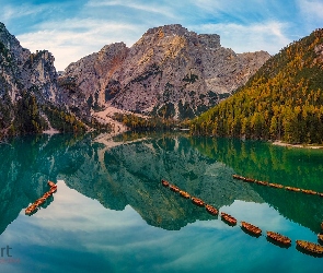 Lasy, Łódki, Dolomity, Pomost, Jezioro, Południowy Tyrol, Pragser Wildsee, Lago di Braies, Włochy, Góry