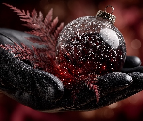 Dłoń, Rękawica, Bombka, Grafika AI, Czarna, Boże Narodzenie, Czerwona