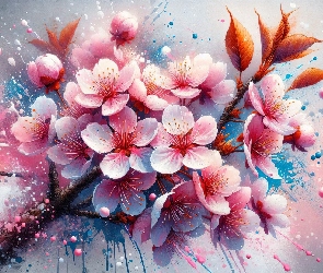 Listki, Brązowe, Drzewo owocowe, Grafika, Kwiaty, Gałązki, Biało-różowe