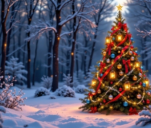 Boże Narodzenie, Choinka, Las, AI, Ośnieżone, Zima, Drzewa