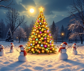 Księżyc, Choinka, Zima, Boże Narodzenie, Świąteczne, Bałwanki