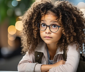 Dziewczynka, Okulary, Włosy, Kręcone, Zamyślona