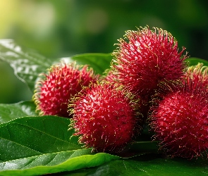 Czerwone, Grafika AI, Liście, Owoce, Rambutan