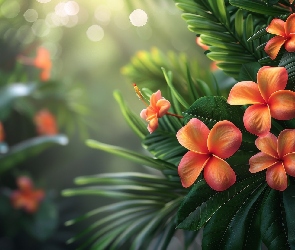 Grafika, Liście, Pomarańczowe, Kwiaty