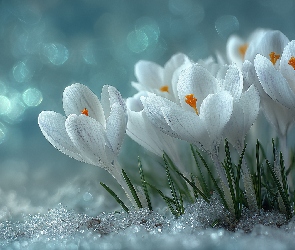 Grafika AI, Bokeh, Krokusy, Białe, Kwiaty, Śnieg