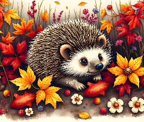 Grafika, Liście, Jeż, Jesień