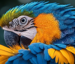 Głowa, Ara, Niebiesko-żółta, Papuga