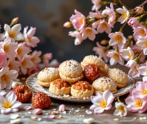 Talerz, Kwiaty, Drobne, Różowe, Ciasteczka