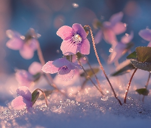 Fiołki, Grafika AI, Kwiaty, Zima, Różowe