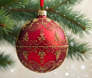 Czerwona, Gałązka, Ornament, Bombka, Boże Narodzenie