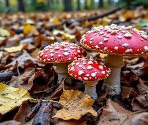 Grafika AI, Liście, Muchomory, Grzyby