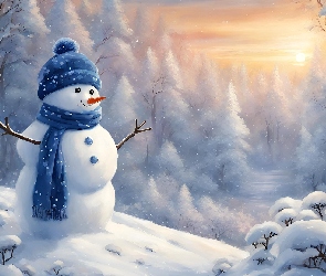 Niebieska, Zima, Szalik, Czapka, Bałwan