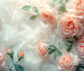 Tkanina, Liście, Biało-różowe, Róże