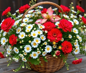 Koszyk, Wiklinowy, Czerwone, Deski, Kwiaty, Bukiet, Białe