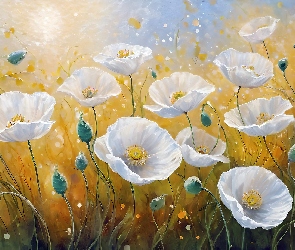 Tło, Żółte, Maki, Białe, Kwiaty, Grafika