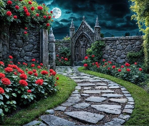 Ścieżka, Grafika, Księżyc, Mur, Róże