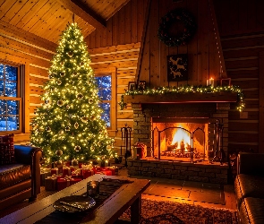 Pokój, Okno, Wieniec, Boże Narodzenie, Sofa, Kominek, Udekorowana, Choinka, Prezenty