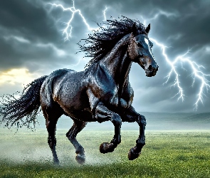 Grafika, Błyskawice, Koń, Czarny