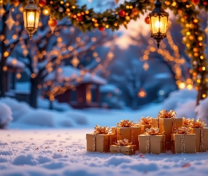 Świąteczne, Girlandy, Śnieg, Zima, Prezenty, Lampiony