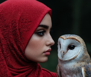 Płomykówka, Sowa, Chusta, Grafika, Profil, Kobieta, Czerwona