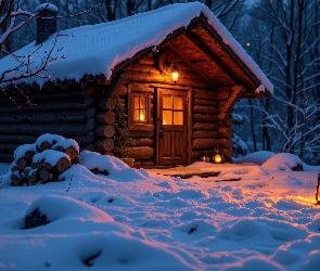 Drewno, Lampiony, Noc, Zima, Las, Dom