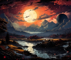 Księżyc, Rośliny, Góry, Grafika, Rzeka, Drzewa