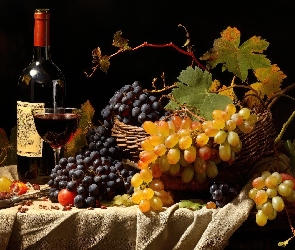 Liście, Wino, Winogrona, Materiał, Butelka, Kompozycja, Kosz