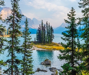 Maligne Lake, Jezioro, Park Narodowy Jasper, Wyspa Spirit Island, Góry, Kanada, Drzewa