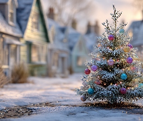 Grafika AI, Zima, Choinka, Boże Narodzenie, Bombki, Domy