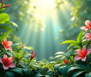 Liście, Przebijające światło, Kwiaty