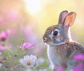 Kosmea, Kwiaty, Szary, Zając