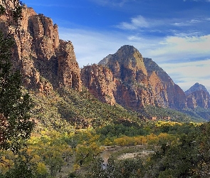 Skały, Drzewa, Góry, Virgin River, Utah, Rzeka, Stany Zjednoczone, Park Narodowy Zion