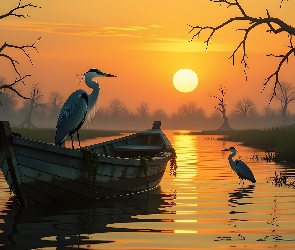 Grafika AI, Zachód słońca, Łódka, Czaple, Jezioro, Drzewa
