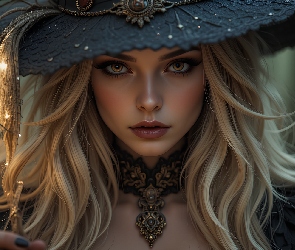 Blondynka, Grafika, Kapelusz, Biżuteria, Kobieta