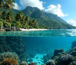 Rafa koralowa, Skały, Plaża, AI, Palmy, Morze, Góry