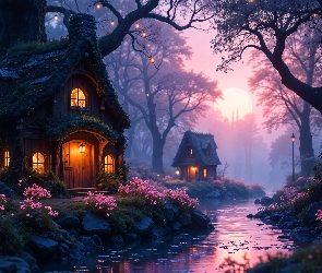 Grafika AI, Zmrok, Rzeka, Domy, Drzewa, Kwiaty